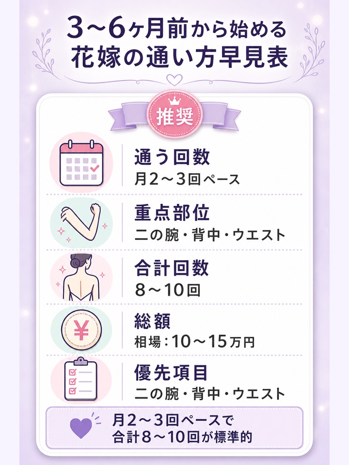 3〜6ヶ月前から始める花嫁の通い方早見表