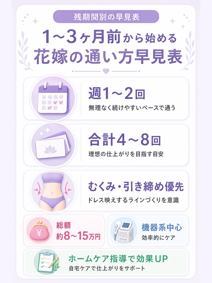 1〜3ヶ月前から始める花嫁の通い方早見表