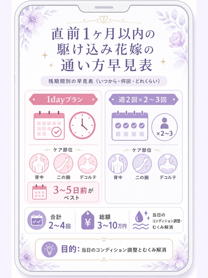 直前1ヶ月以内の駆け込み花嫁の通い方早見表