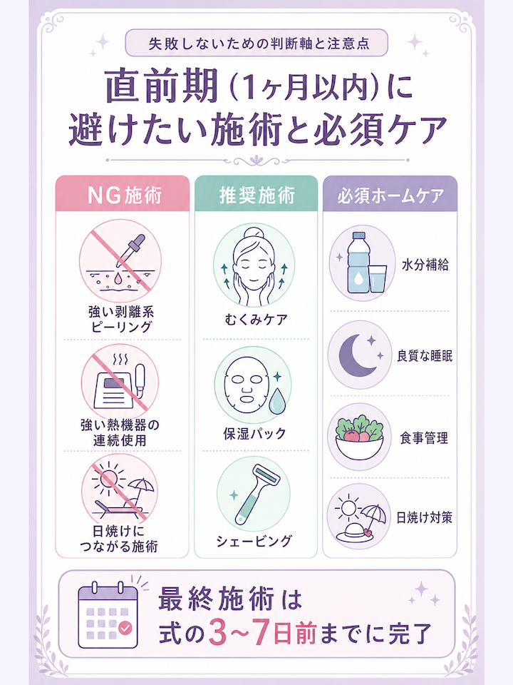 直前期（1ヶ月以内）に避けたい施術と必須ケア