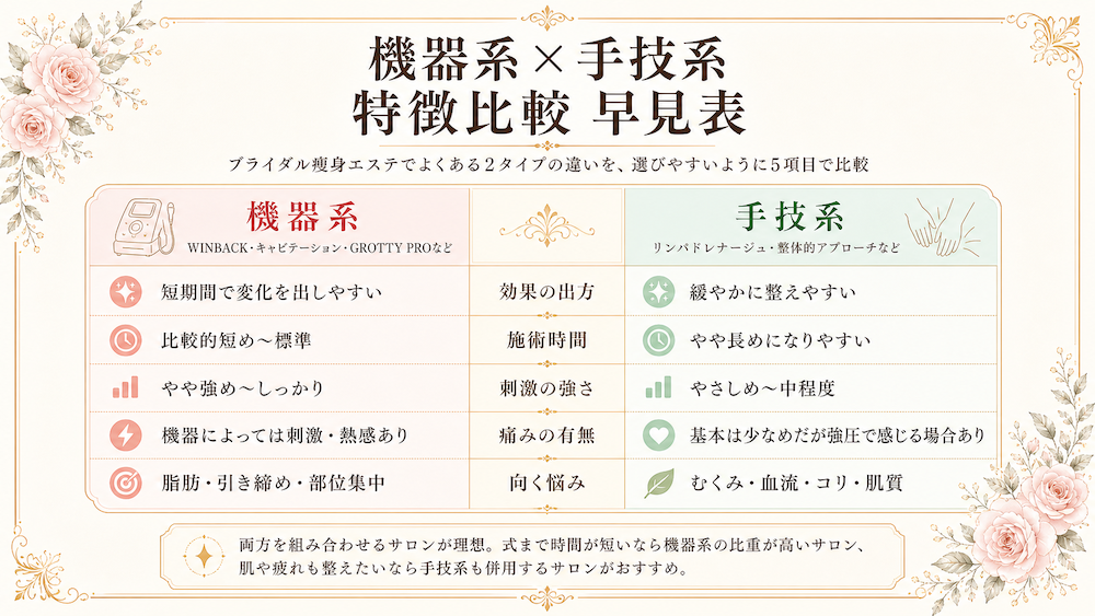 ブライダル痩身エステ。機器系×手技系の特徴比較早見表