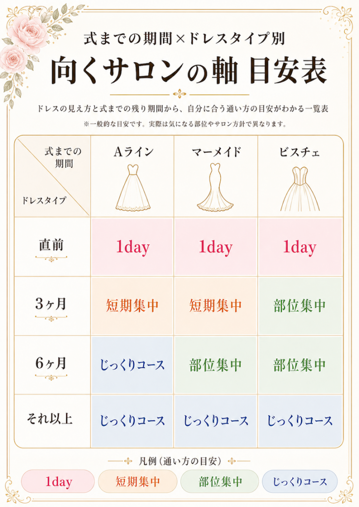 自分のドレス・式までの期間別「向くサロンの軸」一覧