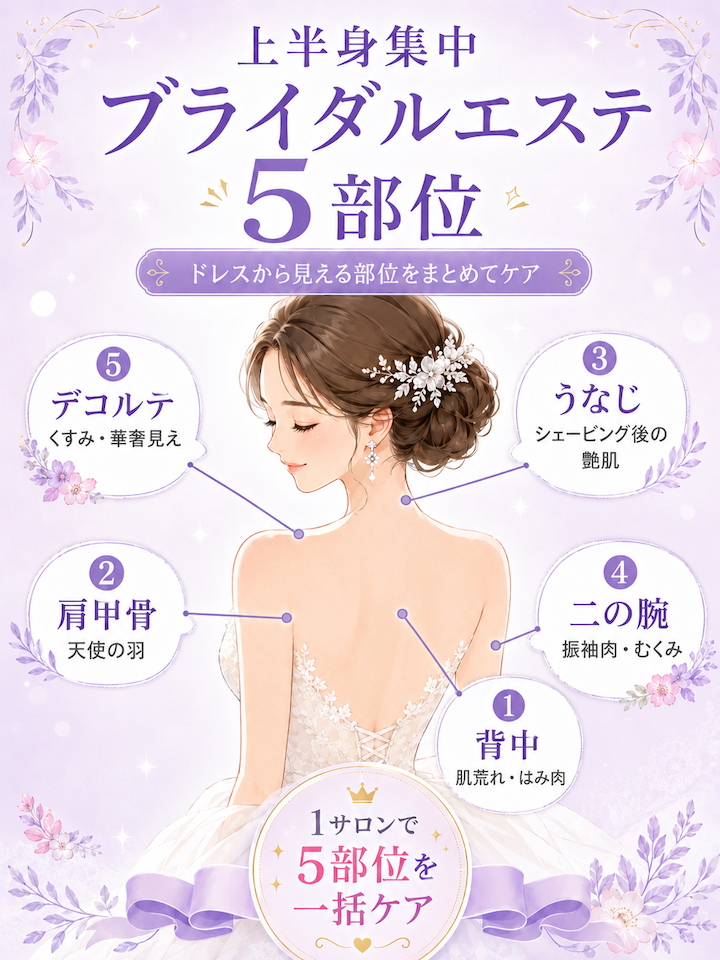 上半身集中ブライダルエステで対応できる5部位（背中・二の腕・デコルテ・肩甲骨・うなじ）