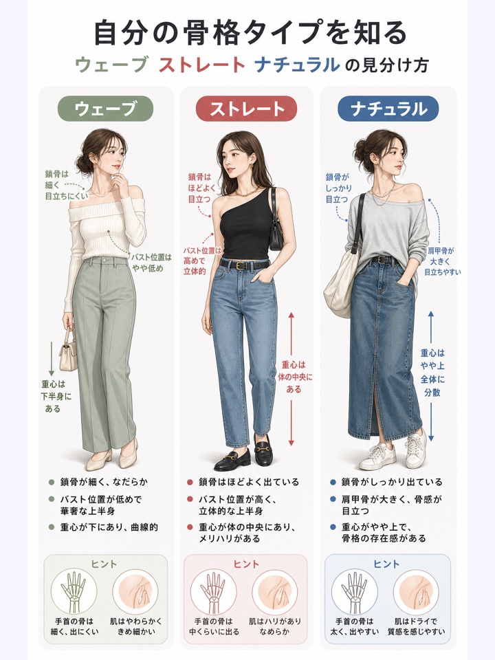 自分の骨格タイプを知る ウェーブ ストレート ナチュラルの見分け方