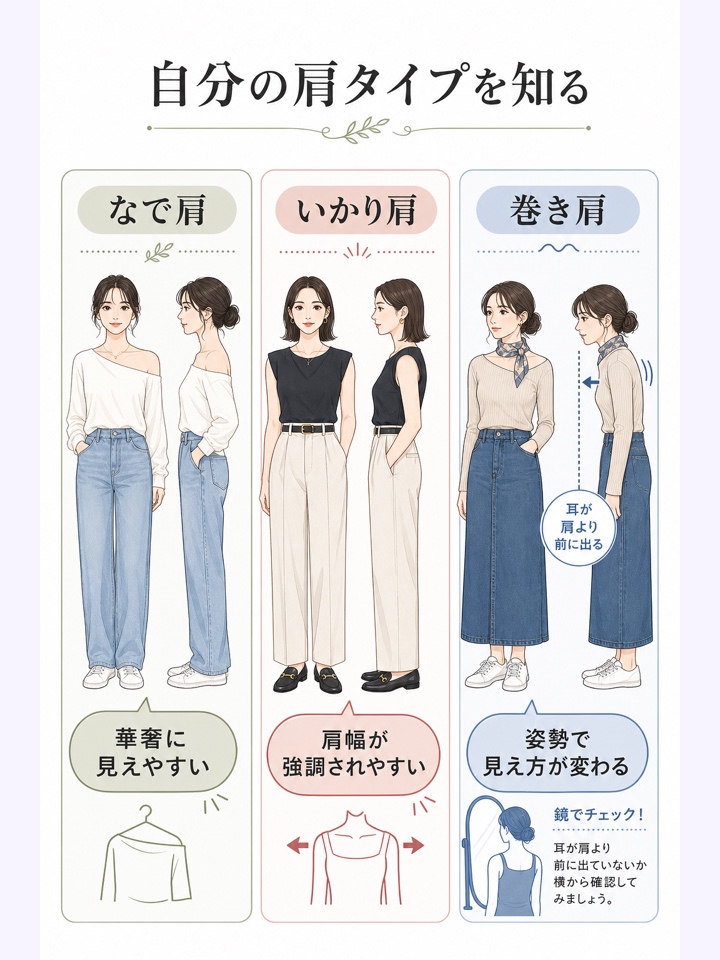 自分の肩タイプを知る なで肩 いかり肩 巻き肩の見分け方