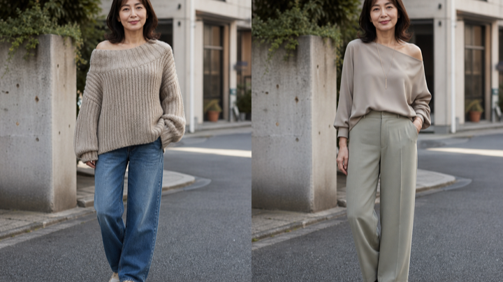 上半身に立体感がある人は落ち感素材と控えめネックで着太りを防ぐ