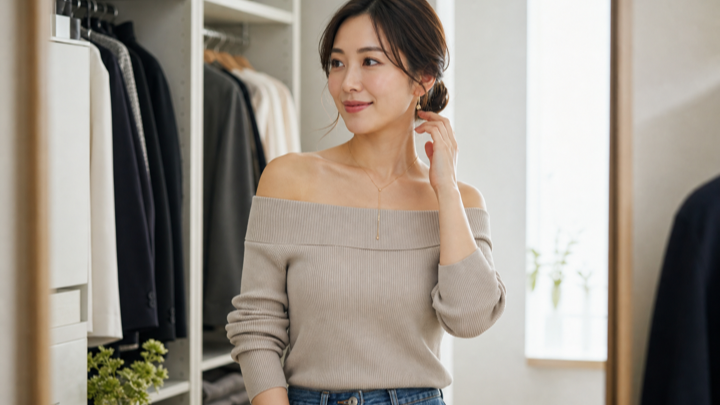 デコルテと鎖骨を強調するアクセサリーとヘアアレンジを足す