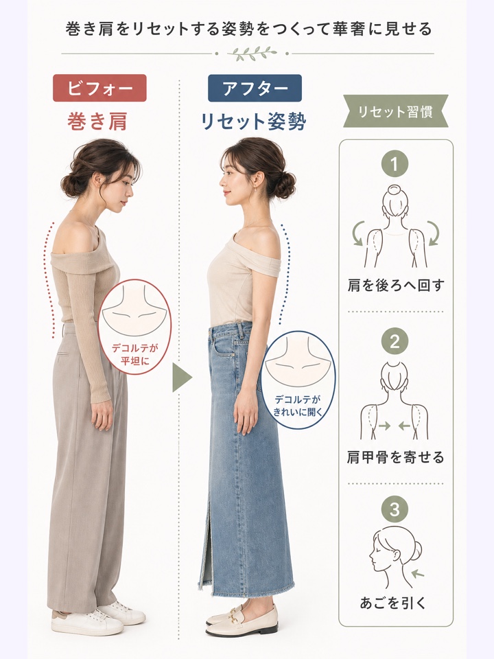 巻き肩をリセットする姿勢をつくって華奢に見せる