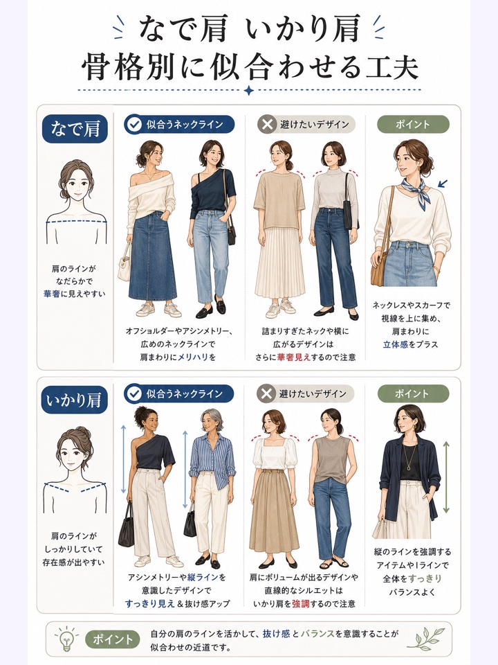 なで肩 いかり肩 骨格別に似合わせる工夫