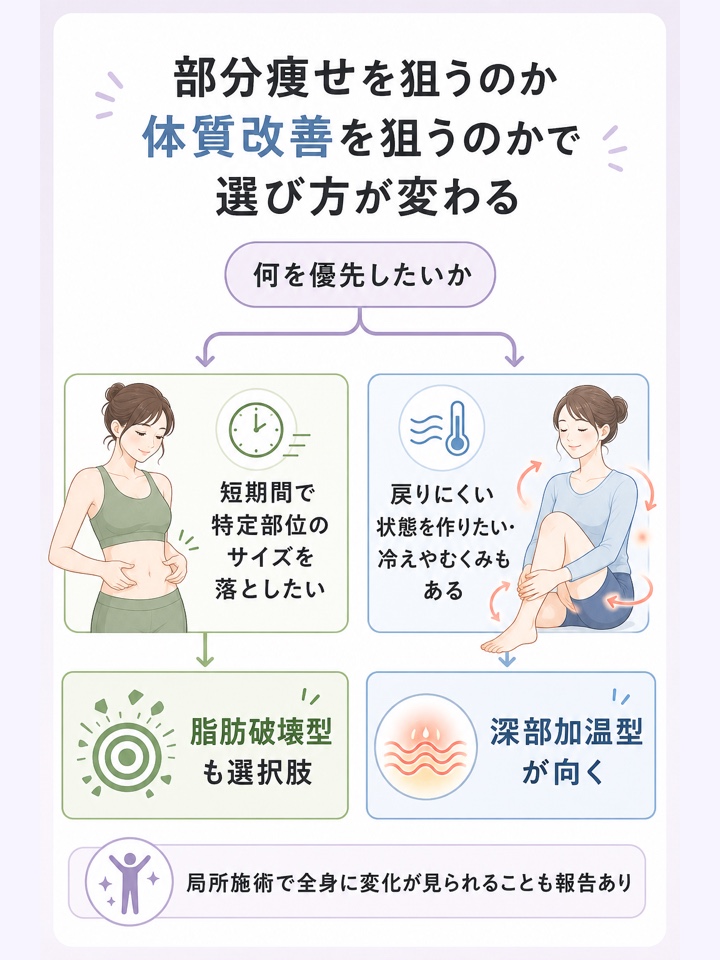 部分痩せを狙うのか体質改善を狙うのかで選び方が変わる