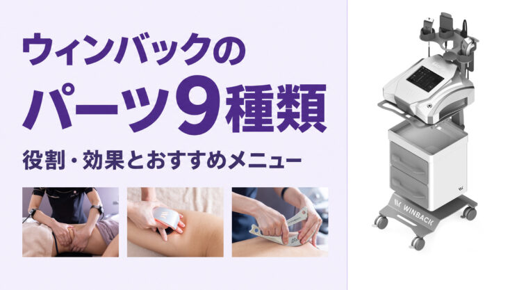 ウィンバックのパーツ9種類を紹介するアイキャッチ。BACK4本体とRETブレスレット、CETエレクトロード、カッサプレートの実際の施術写真