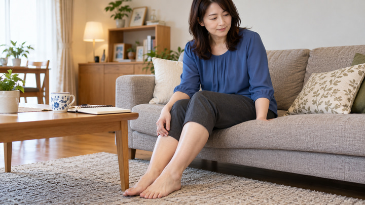 仕事のあとにふくらはぎの状態を確かめる、自然にふくよかな日本人女性