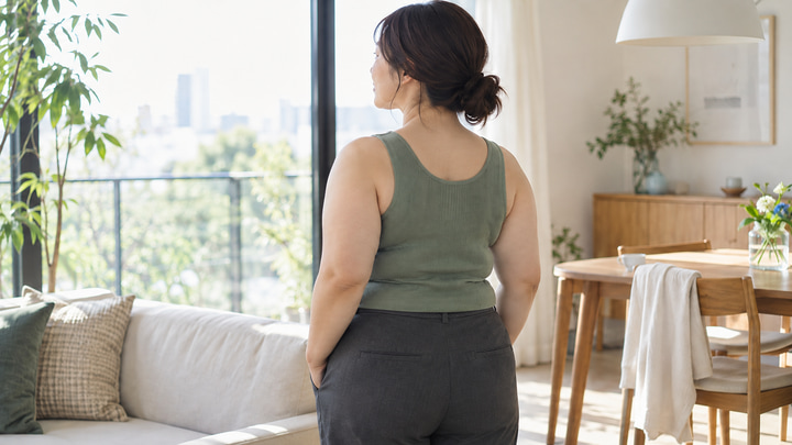背中と脇まわりに自然な厚みのある日本人女性の後ろ姿