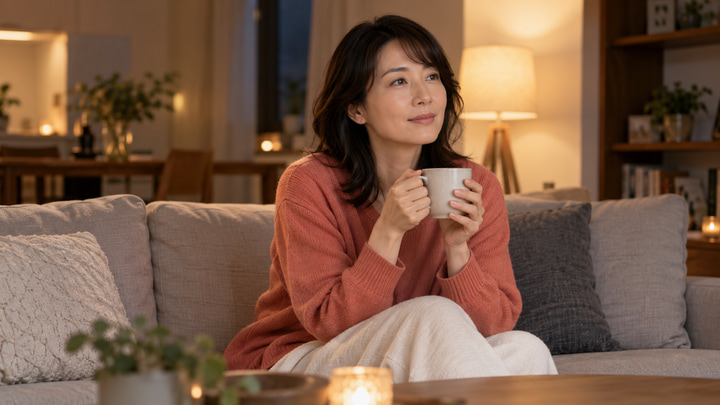 夕方の自宅で温かい飲み物を手にくつろぐ普段着の日本人女性