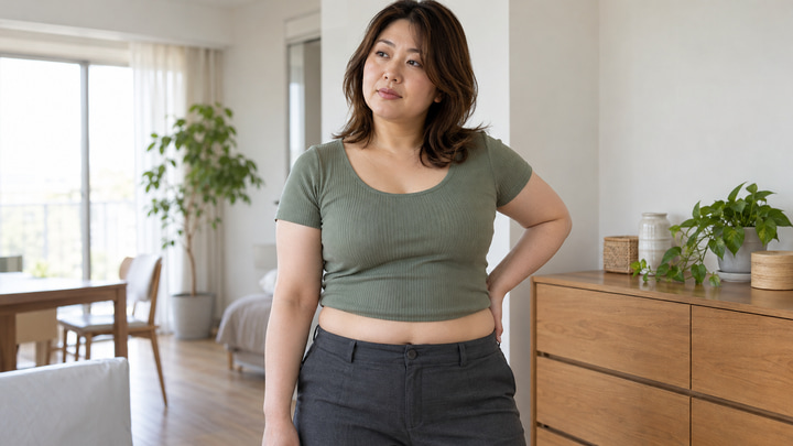普段着で腰回りのフィット感を確かめる、自然にふくよかな日本人女性