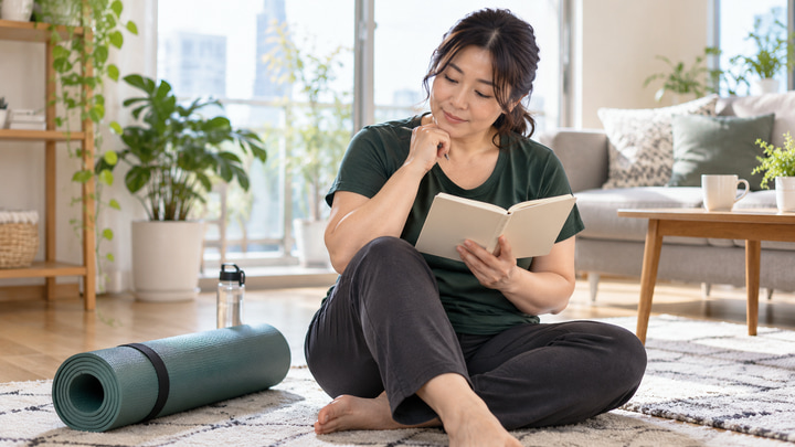運動とサロンケアの計画をノートにまとめる日本人女性