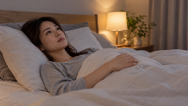 布団に入っても目が冴えて眠れずにいる日本人女性