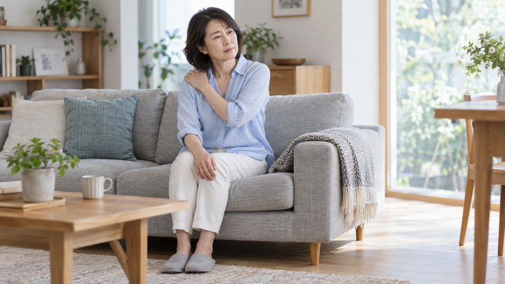 ソファで肩に手を添え、自分の体調を振り返る日本人女性