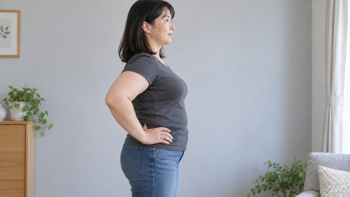 二の腕と脇まわりに自然な厚みのある日本人女性が横向きで姿勢を確かめる様子