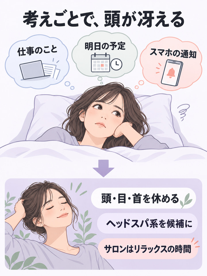 考えごとで頭が冴えて眠れない人は、ヘッドスパ系のサロンが向く