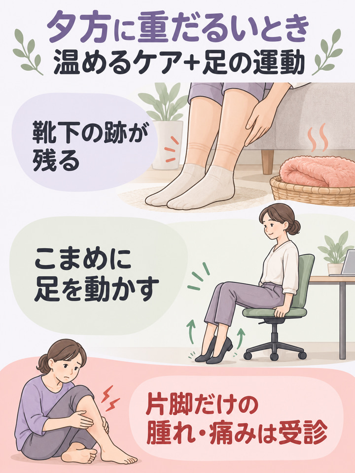 夕方に重だるいとき。温めるケア＋足の運動。靴下の跡が残る。こまめに足を動かす。片脚だけの腫れ・痛みは受診