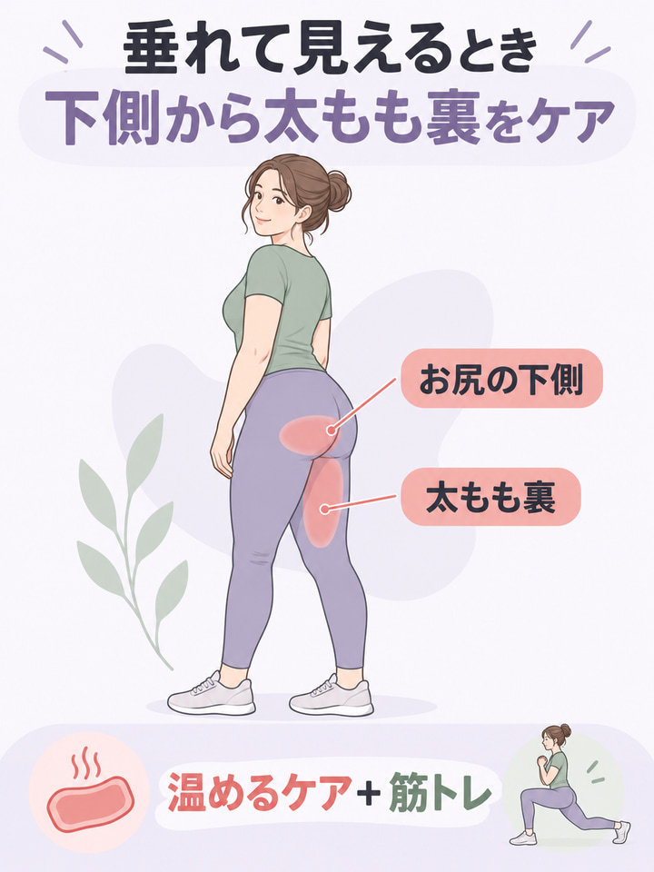 垂れて見えるとき。下側から太もも裏をケア。お尻の下側。太もも裏。温めるケア＋筋トレ