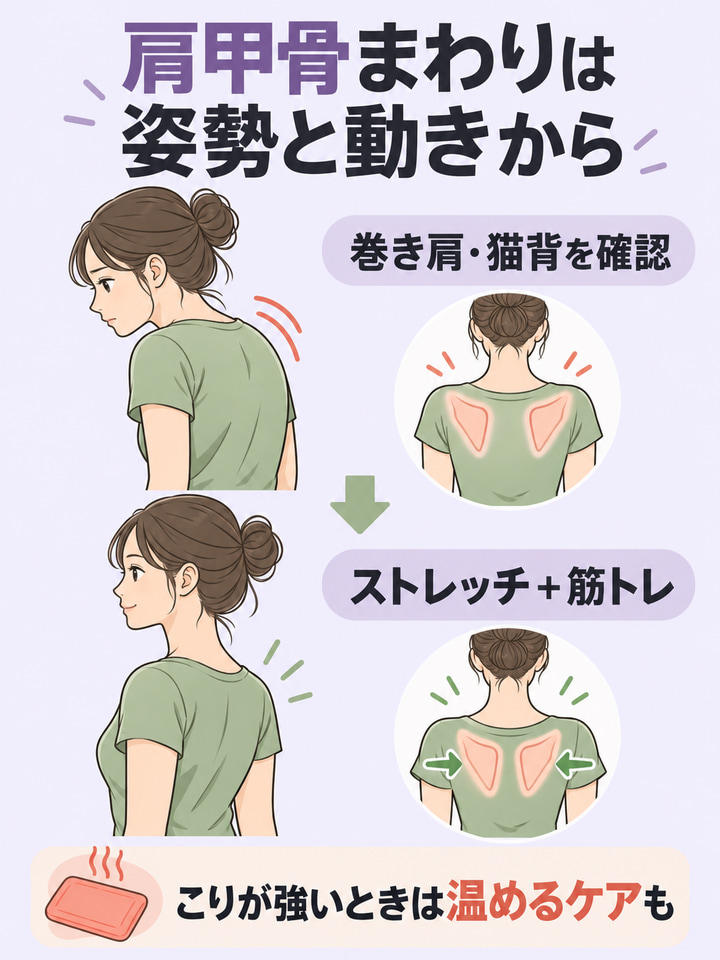 肩甲骨が埋もれて背中が丸く見えるなら、姿勢と肩甲骨まわりのケアから