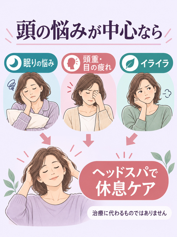 眠り・頭重や目の疲れ・イライラとヘッドスパの休息ケアを整理した図