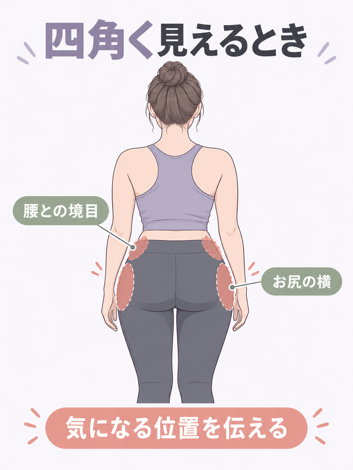 四角く見えるとき。腰との境目・お尻の横。腰との境目。お尻の横。気になる位置を伝える
