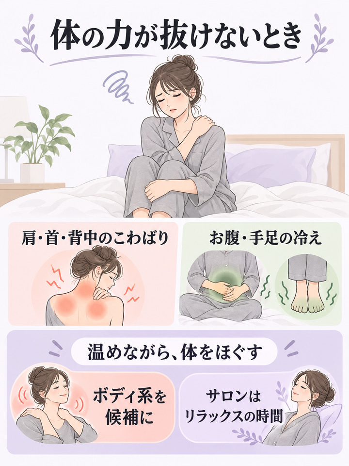 肩や首のこわばり、冷えで力が抜けない人は、ボディ系のサロンが向く