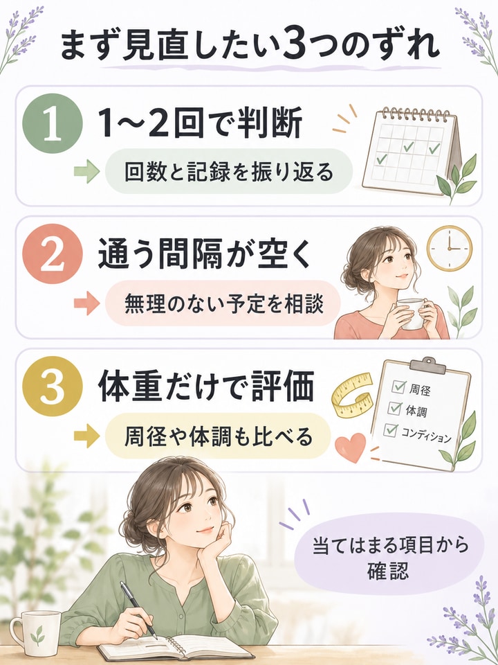 少ない回数・通う間隔・体重だけの評価という3つのずれを見直す図