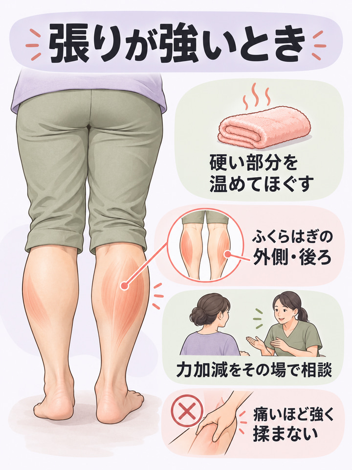 張りが強いとき。硬い部分を温めてほぐす。ふくらはぎの外側・後ろ。力加減をその場で相談。痛いほど強く揉まない