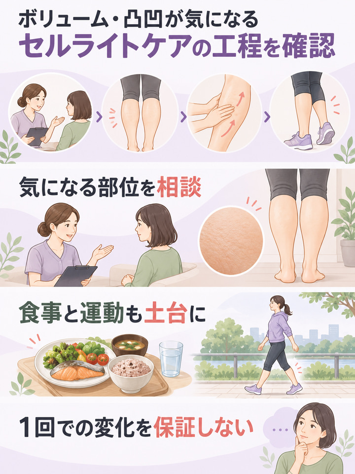 ボリューム・凸凹が気になる。セルライトケアの工程を確認。気になる部位を相談。食事と運動も土台に。1回での変化を保証しない