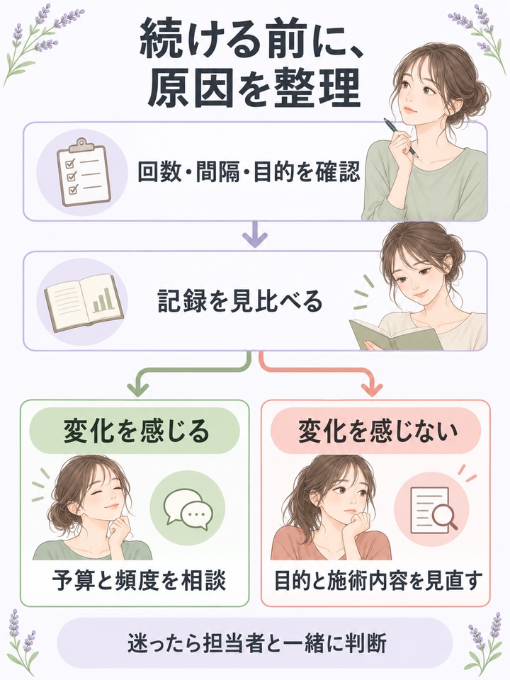 回数・間隔・目的と記録を確認し、継続か施術内容の見直しかを相談するフローチャート