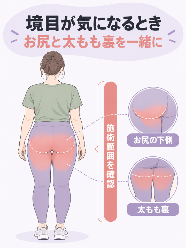 境目が気になるとき。お尻と太もも裏を一緒に。お尻の下側。太もも裏。施術範囲を確認