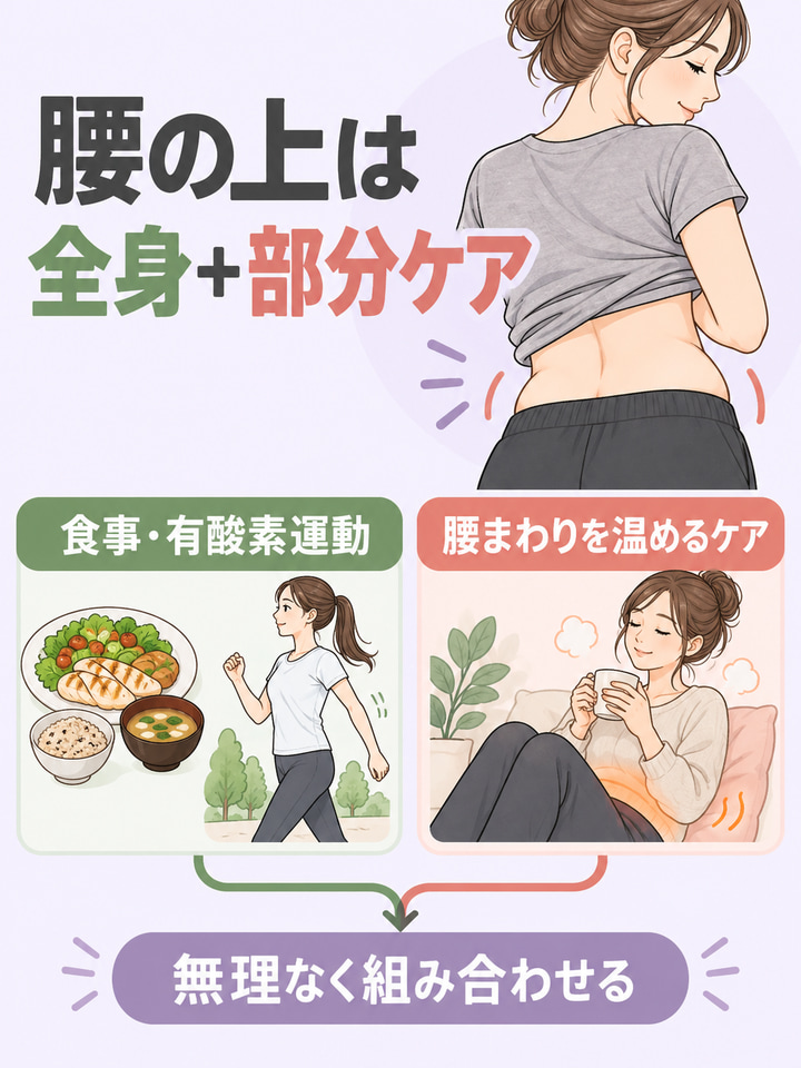 腰の上の浮き輪肉なら、腰まわりの部分ケアと全身の脂肪対策を