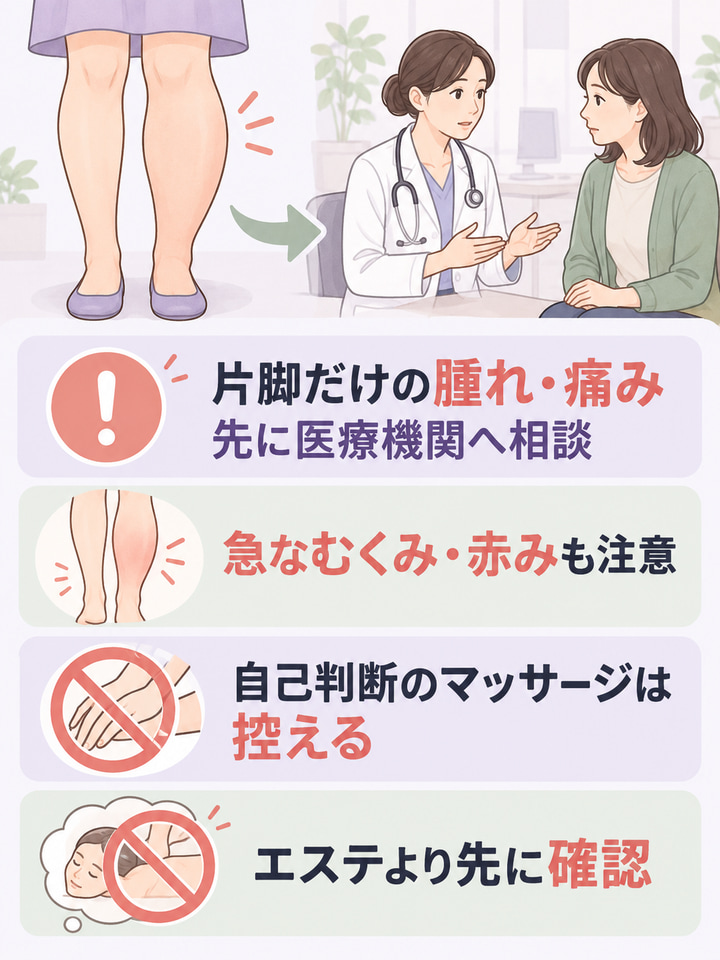 片脚だけの腫れ・痛み。先に医療機関へ相談。急なむくみ・赤みも注意。自己判断のマッサージは控える。エステより先に確認