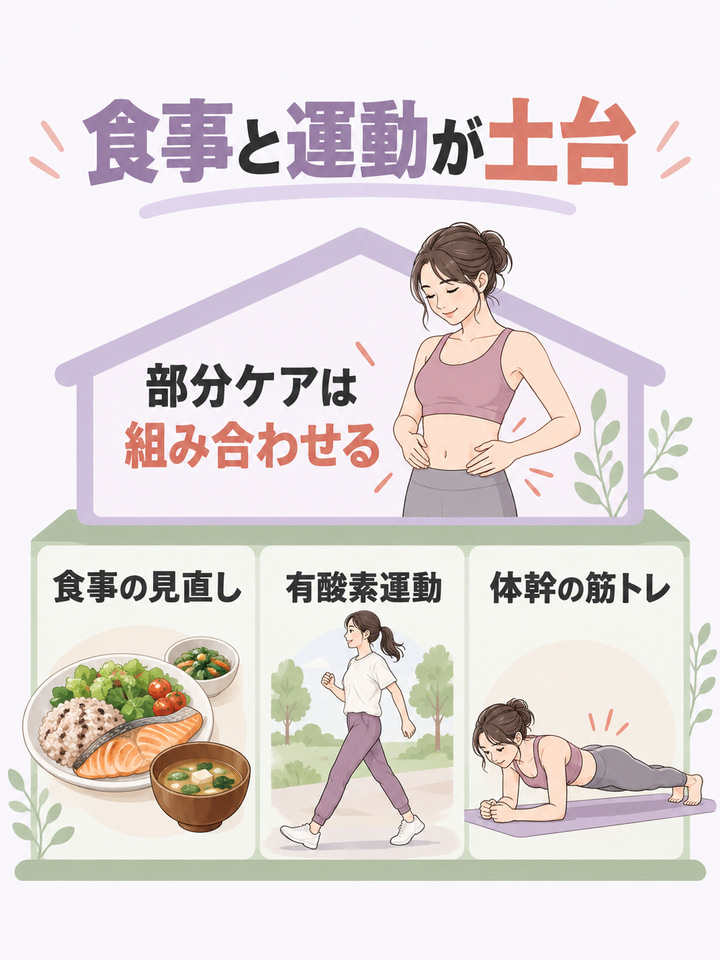 食事と運動で全身の脂肪を減らすことは、どのタイプでも土台になる