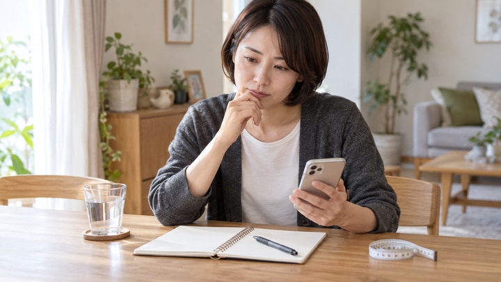 スマートフォンとノートを見ながら施術後の体調や記録を振り返る日本人女性