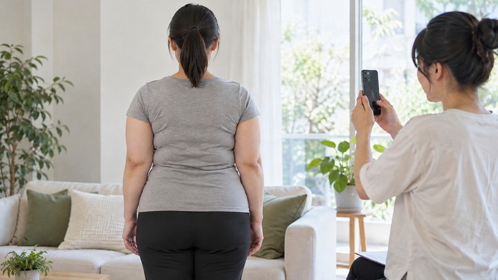 ふくよかな体格の日本人女性が友人に後ろ姿の写真を撮ってもらう様子