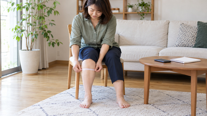 ふくらはぎの一番太い位置にメジャーを水平に当てて記録する日本人女性