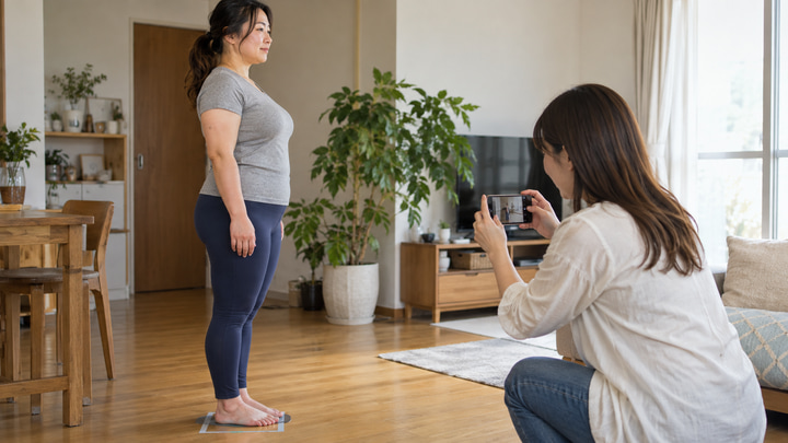 同じ姿勢で腰回りの記録写真を撮ってもらう日本人女性