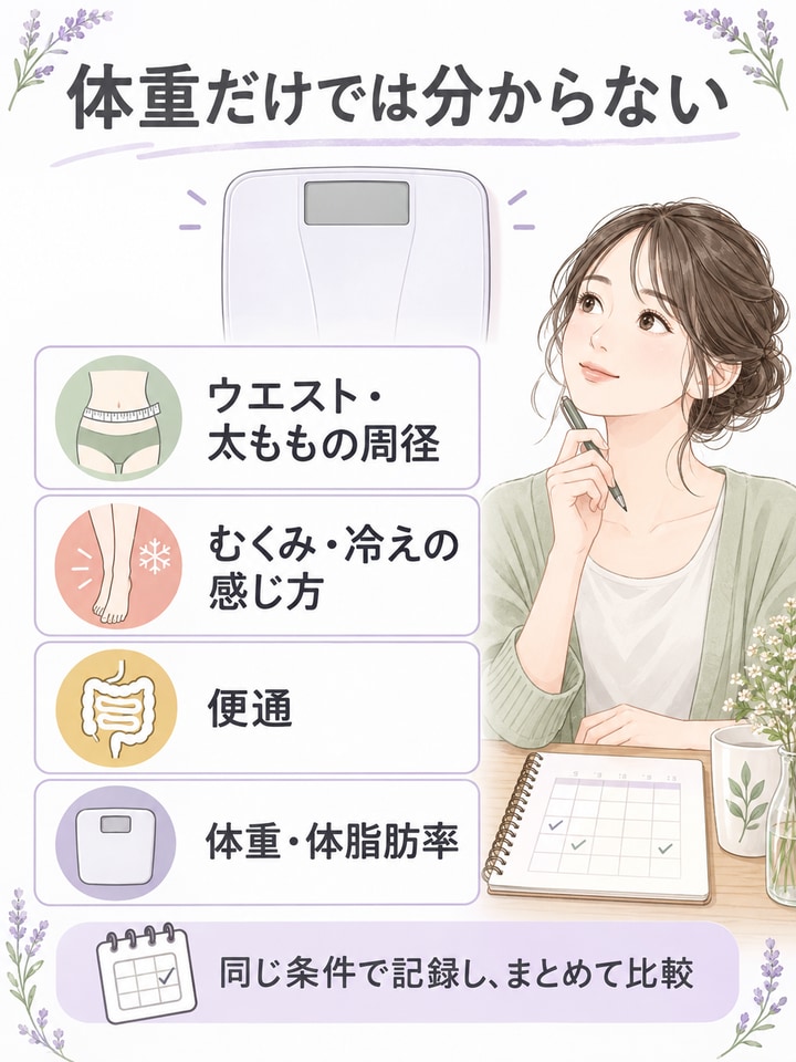 体重だけでなく周径・むくみ・冷え・便通も同じ条件で記録する図