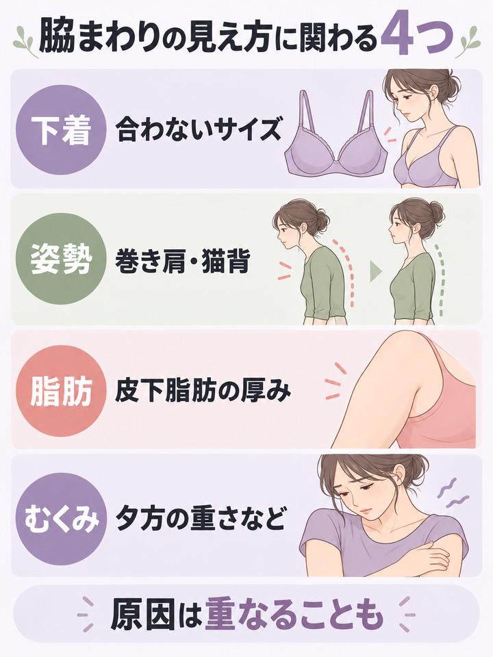 脇のハミ肉の主な原因は「下着」「姿勢」「脂肪」「むくみ」の4つ