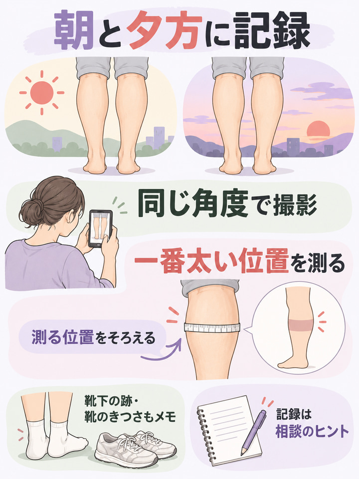 朝と夕方に記録。同じ角度で撮影。一番太い位置を測る。測る位置をそろえる。靴下の跡・靴のきつさもメモ。記録は相談のヒント