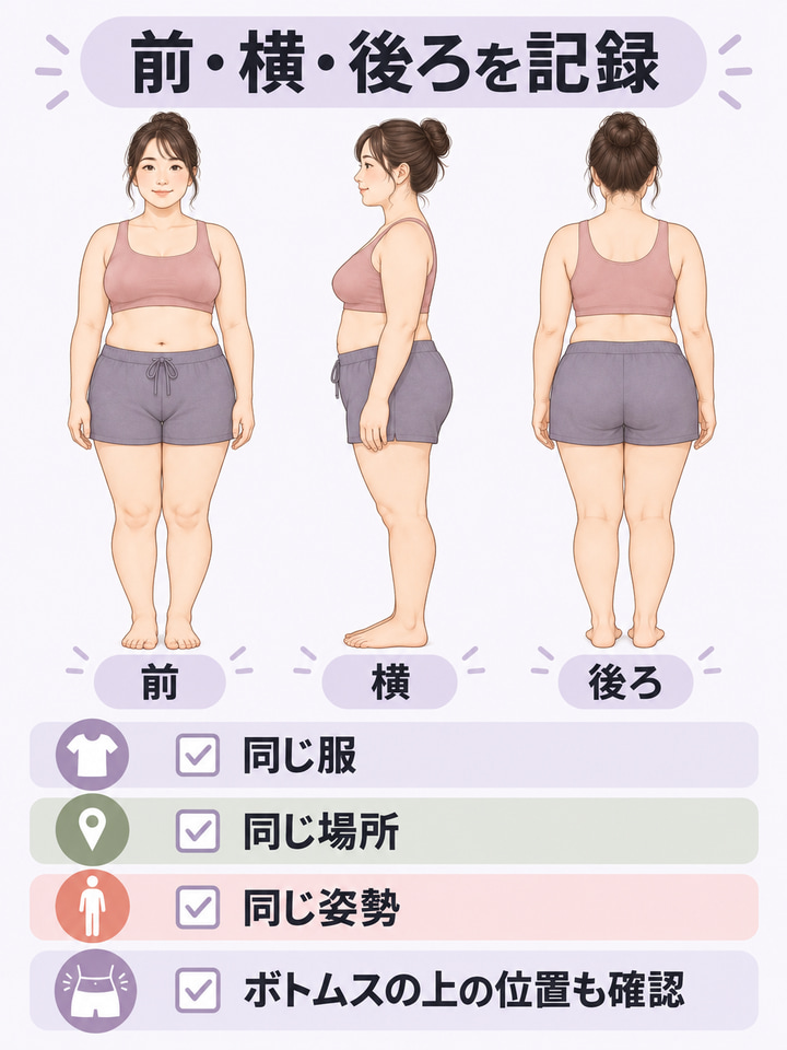 前・横・後ろの3方向から、鏡と写真で確かめる