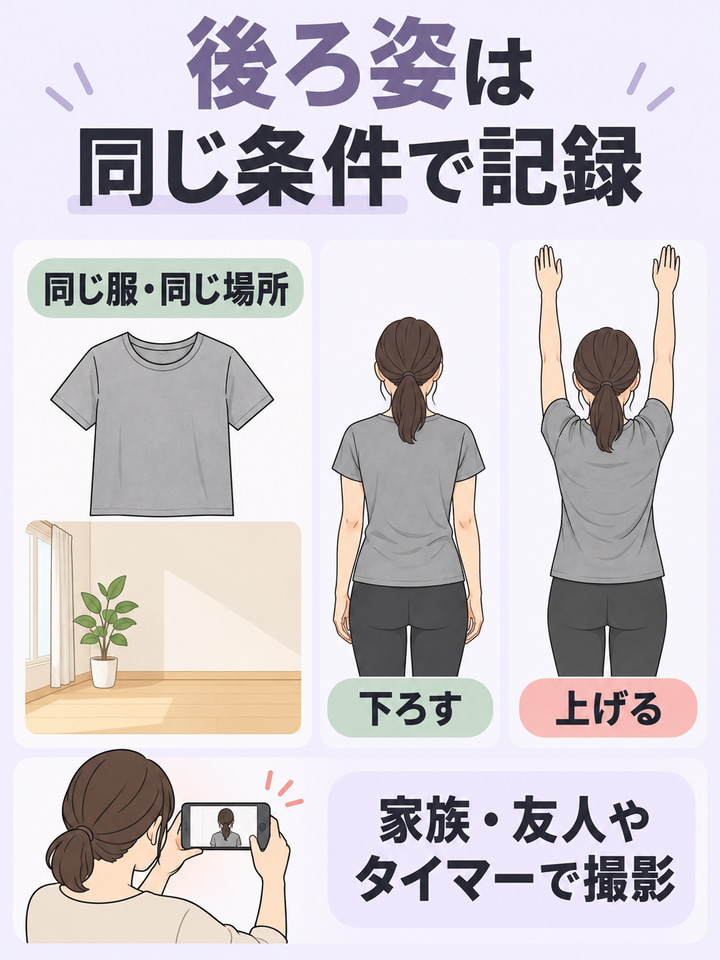 背中は自分で見えにくいから、写真で後ろ姿を確かめる