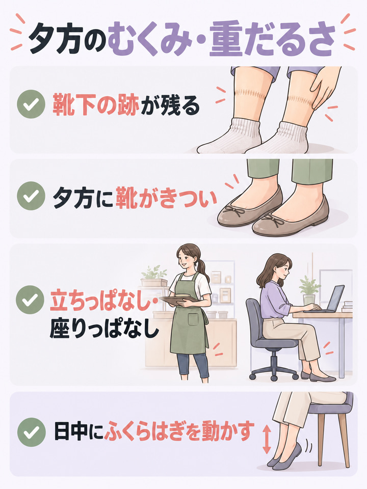 夕方のむくみ・重だるさ。靴下の跡が残る。夕方に靴がきつい。立ちっぱなし・座りっぱなし。日中にふくらはぎを動かす