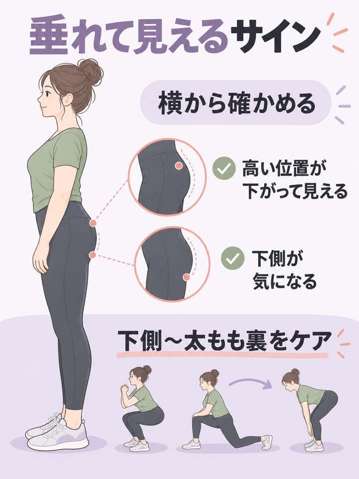 垂れて見えるサイン。横から確かめる。高い位置が下がって見える。下側が気になる。下側〜太もも裏をケア