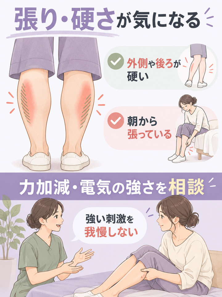張り・硬さが気になる。外側や後ろが硬い。朝から張っている。力加減・電気の強さを相談。強い刺激を我慢しない